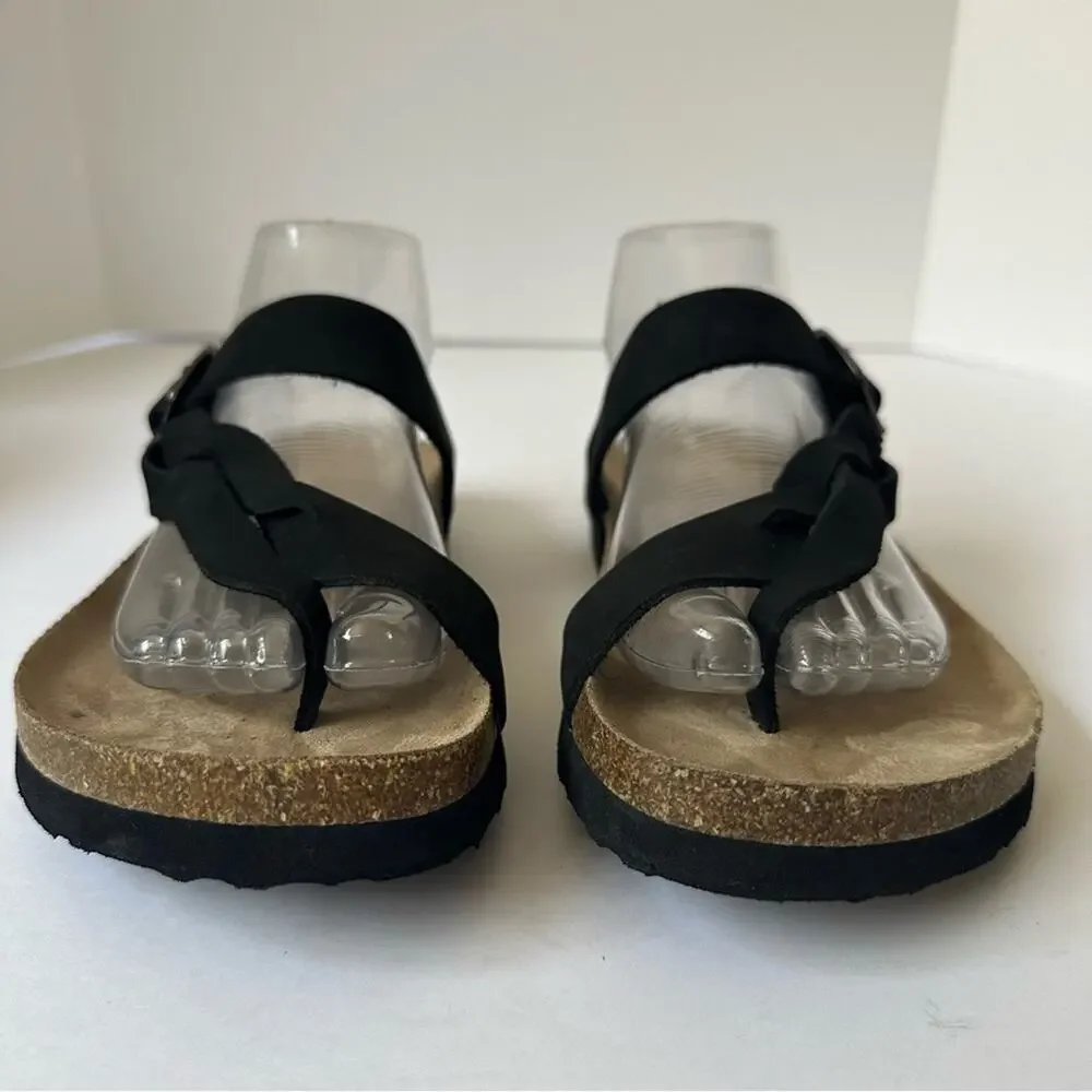 Mountain Sole Black Leather Braided Strap Sandals US 8 Cork Footbed Buckle